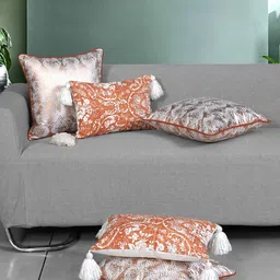Ode & Cleo Off White & Rust 5 Pieces Ethnic Motifs Pure Cotton Square Cushion Covers-6