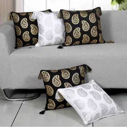 Ode & Cleo 5 Pcs Off White & Black Ethnic Motifs Square Cushion Covers-picture-41