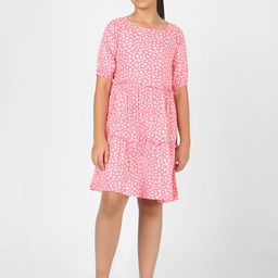 Peter England Girls Pink & White Floral Layered A-Line Dress-image-81