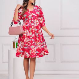 WESTERN COTTON Women Floral Printed Cotton Fit & Flare Knee Length Dress-image-4