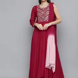 Kvsfab Women Red Embroidered Georgette Kurta with Attached Dupatta-picture-20