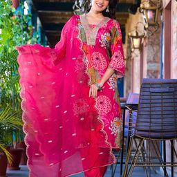 Atha Fashion Floral Printed V-Neck Pure Cotton A-Line Kurta With Trousers & Dupatta-image-27
