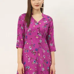 DressBerry Pink Floral Printed Mandarin Collar A-Line Maxi Dress-image-22