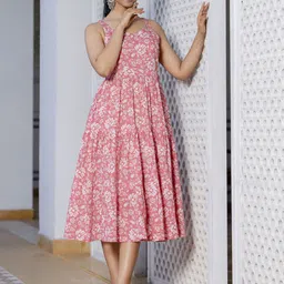 Nayo Floral Printed Shoulder Straps Cotton Fit & Flare Midi Dress-image-39