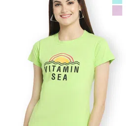 Fabflee Women Multicoloured 3 Printed V-Neck Applique T-shirt-picture-32