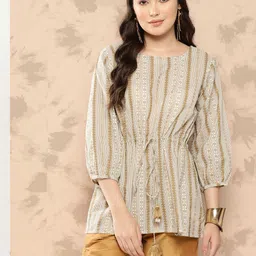 Indo Era Printed Puff Sleeves Cotton Cambric Longline Top-image-75
