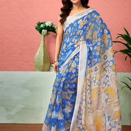 Sangria Floral Printed Pure Linen Ready To Wear Saree With Unstitched Blouse-picture-6