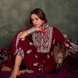 Indo Era Women Ethnic Motifs Embroidered Regular Thread Work Kurta with Trousers & With Dupatta-image-52