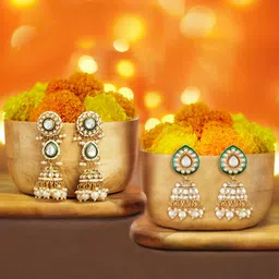 Zaveri Pearls Set Of 2 Gold-Plated Kundan Studded & Beaded Meenakari Dome Shaped Jhumkas-image-31