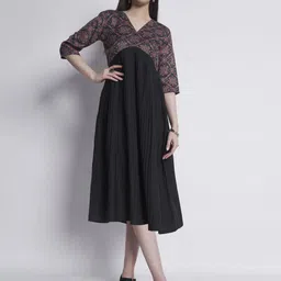 DressBerry Black Ethnic Motifs Yoke Printed Crepe Pleated A-line Dress-image-92