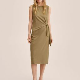 MANGO Women Olive Green Solid Waist Tie-Up Detail Sheath Midi Pure Cotton Dress-image-26