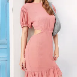 Edgy Cute Touch Puff Sleeves Cut-Outs Styled Back Sheath Mini Dress-image-57