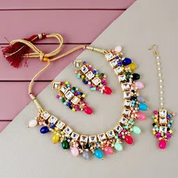 LUCKY JEWELLERY Gold-Plated Kundan-Studded & Beaded Necklace With Earrings & Maang Tika-image-90