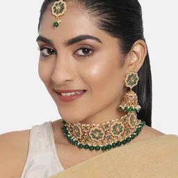 Zaveri Pearls Green Gold-Plated Wedding Collection Necklace, Earring & Maangtikka Set-19
