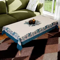 Kuber Industries Blue & White Floral Printed Cotton Rectangle 4-Seater Table Cover-image-89