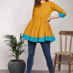 Sangria Women Mustard Yellow Solid Pure Cotton Pleated A-Line Pure Cotton Kurti-image-41