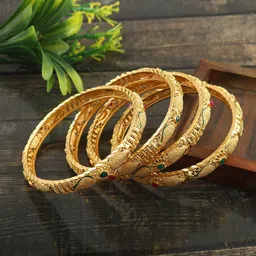 Jewar Mandi Set Of 2 Gold-Plated Red & Green CZ Studded Bangle-9