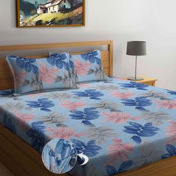 FABINALIV Blue & Pink Floral Printed 300 TC King Fitted Bedsheet With 2 Pillow Covers-image-80