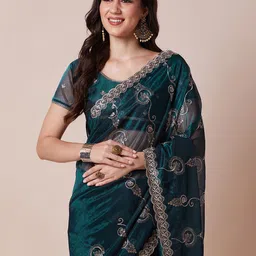 House Of Pataudi Embroidered Net Saree With Unstitched Blouse Piece-picture-55