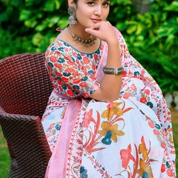 KALINI Floral Printed Linen Kota Saree With Unstitched Blouse Piece-42