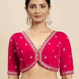 flaher Women Red & Gold-Toned Embroidered Velvet Padded Blouse-picture-0