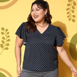 Berrylush Curve Navy Blue Plus Size Polka Dots Printed Crepe Top-picture-15
