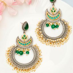 VIVAZS Silver-Plated Artificial Stones Studded & Beaded Crescent Shaped Chandbalis-8