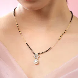 Rubans 18K Gold-Plated Cubic Zirconia Studded Floral Black & Gold Beaded Mangalsutra Chain-image-18
