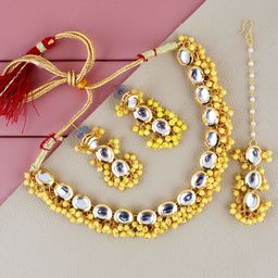 LUCKY JEWELLERY 18k Gold-Plated Kundan-Studded & Beaded Jewellery Set-image-69