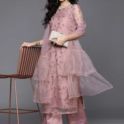 Inddus Women Mauve Net Floral Embroidered Sequinned Kurta with Palazzos & Dupatta-19