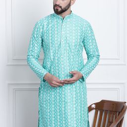 SOJANYA Men Sea Green & White Ethnic Motifs Embroidered Kurta-picture-52