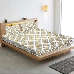 INDHOME LIFE Orange Ethnic Motifs Cotton 210 TC Fitted Queen Bedsheet with 2 Pillow Covers-picture-37