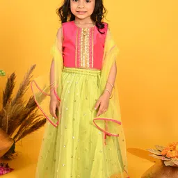 SAKA DESIGNS Girls Fluorescent Green & Pink Embellished Sequinned Ready to Wear Lehenga & Blouse With-35