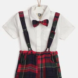 YK Infant Boys Solid Shirt with Non-Detachable Checked Suspender Shorts & Bow Tie-27