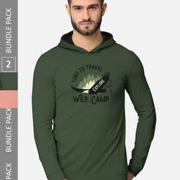 BULLMER Men Pack of 2 Olive Green & Pink Printed Hooded Sweatshirt-image-62