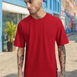 VEIRDO Red Drop-Shoulder Sleeves Pure Cotton Oversized T-shirt-image-17