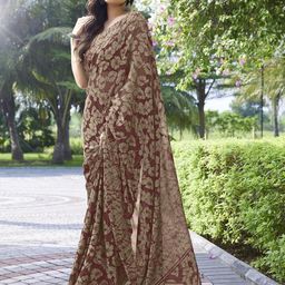 KALINI Maroon & Beige Floral Printed Poly Chiffon Saree-52