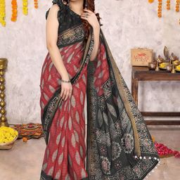 KALINI Red & Black Floral Zari Block Print Cotton Saree-29