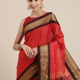 Mitera Women Red & Black Checked Zari Silk Cotton Saree-image-16