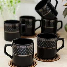 CLAY CRAFT Black & Grey 6 Pieces Geometric Printed Ceramic Glossy Cups - 220 ML Each-38