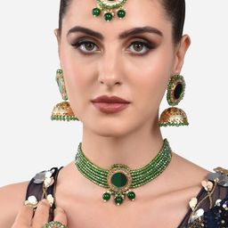 Zaveri Pearls Gold-Plated  White Crystal Studded & Green Beaded Jewellery Set-18