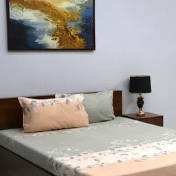 BOMBAY DYEING Peach-Coloured & Grey Floral 144 TC Queen Bedsheet with 2 Pillow Covers-image-43