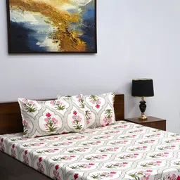 BOMBAY DYEING White & Green Floral 144 TC Queen Bedsheet with 2 Pillow Covers-picture-11