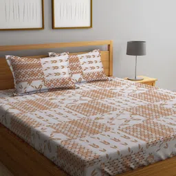 KLOTTHE Brown & White Floral 300 TC Fitted King Bedsheet with 2 Pillow Covers-image-73