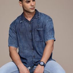Roadster Men Cuban Collar Relaxed Fit Pure Cotton Denim Casual Shirt-picture-11