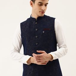 Manyavar Men Navy Blue & Golden Floral Woven Design Nehru Jacket with Brooch-image-50