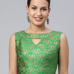 flaher Women Green & Gold Ethnic Motifs Jacquard Woven Design Saree Blouse with Cut-Out-image-21