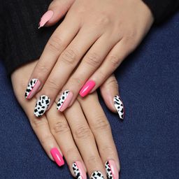 LICK 28-Pcs Press On Nails Glossy Ballerina Shape French Fake Nails- Pink & Printed-15
