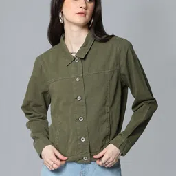 Flying Machine Women Olive Green Solid Pure Cotton Denim Trucker-picture-51