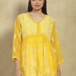 House of Chikankari Paisley Embroidered Chikankari Georgette Kurta-picture-40